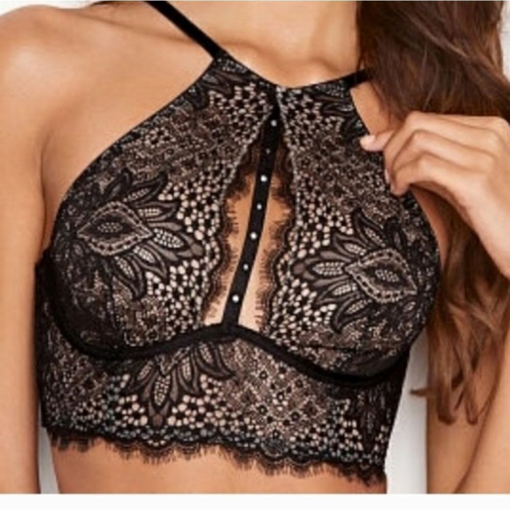 Victoria Secret Very Sexy Unlined Plunge High Neck Lace Bra Black Size 34DD